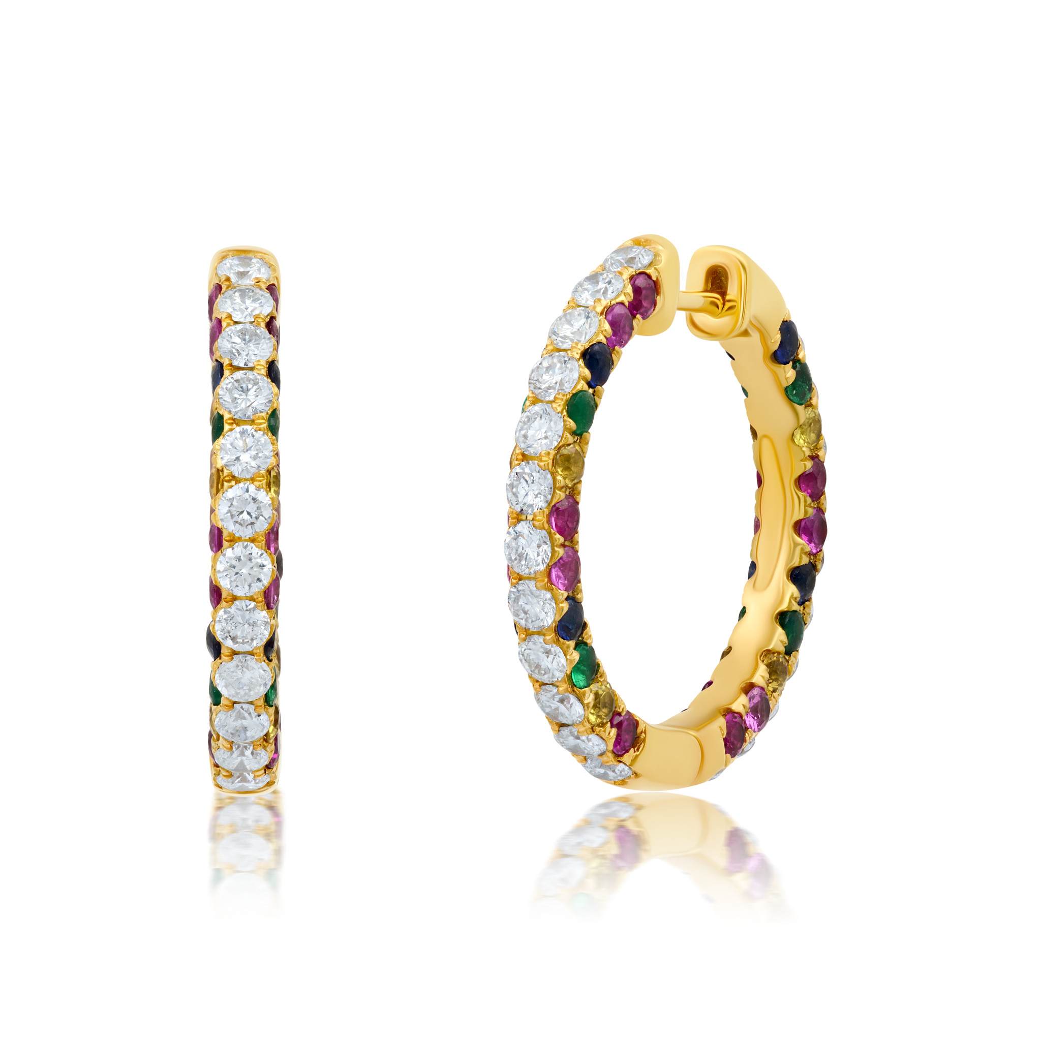 Graziela Gems - Large Rainbow & Diamond Center 3 Sided Hoop Earrings - Yellow Gold