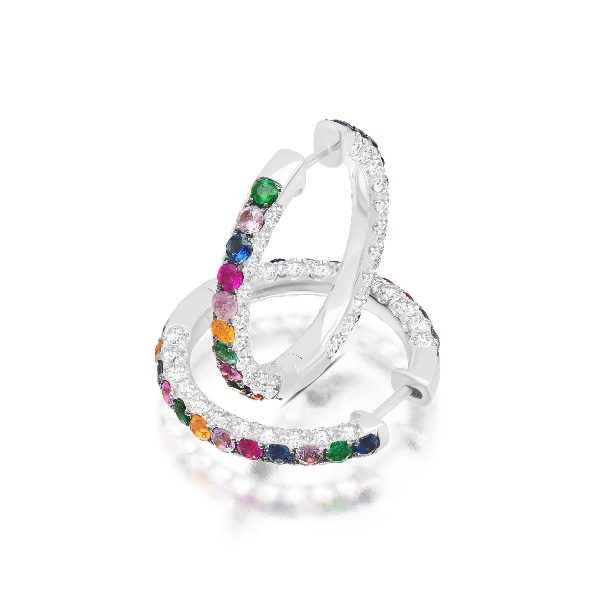 Graziela Gems - Large Rainbow & Diamond 3 Sided Hoop Earrings - White Gold