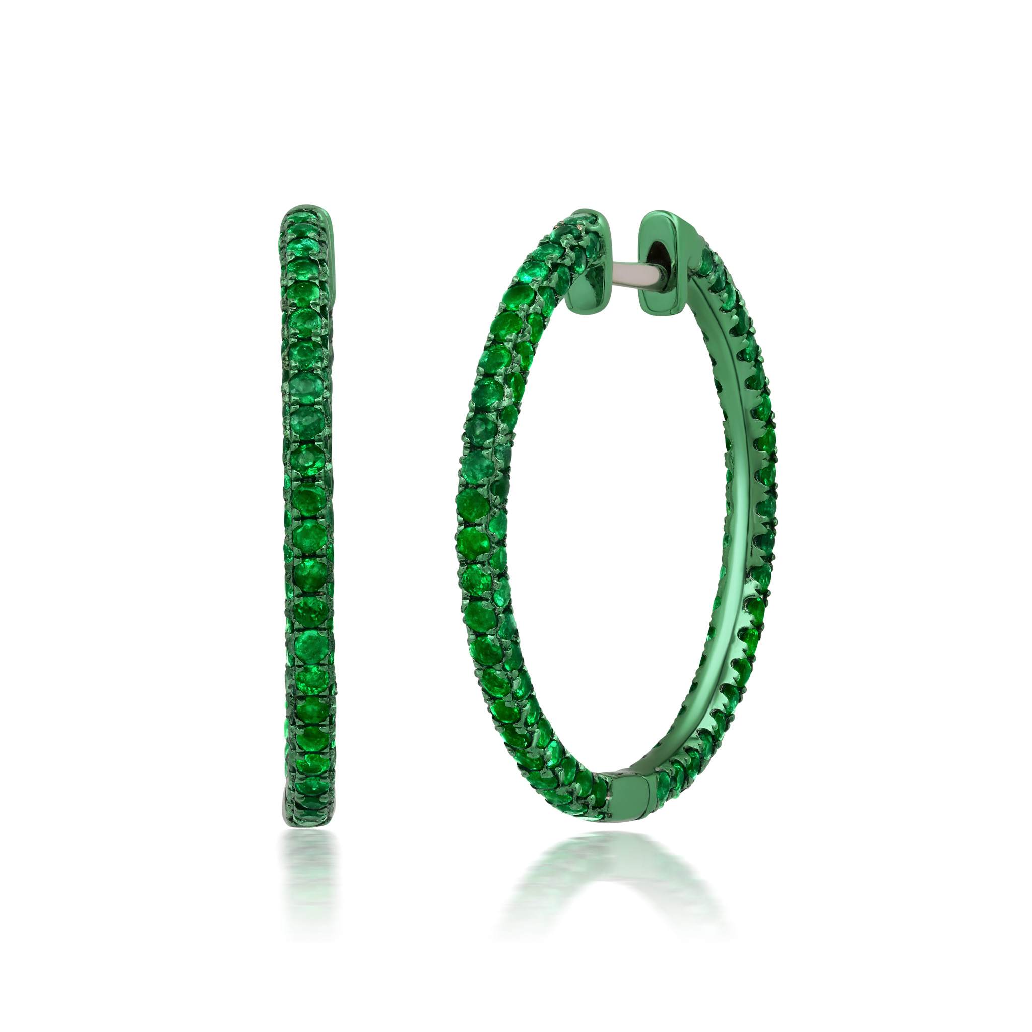 Graziela Gems - 1&quot; Emerald Color Rhodium 3 Sided Hoop Earrings - 