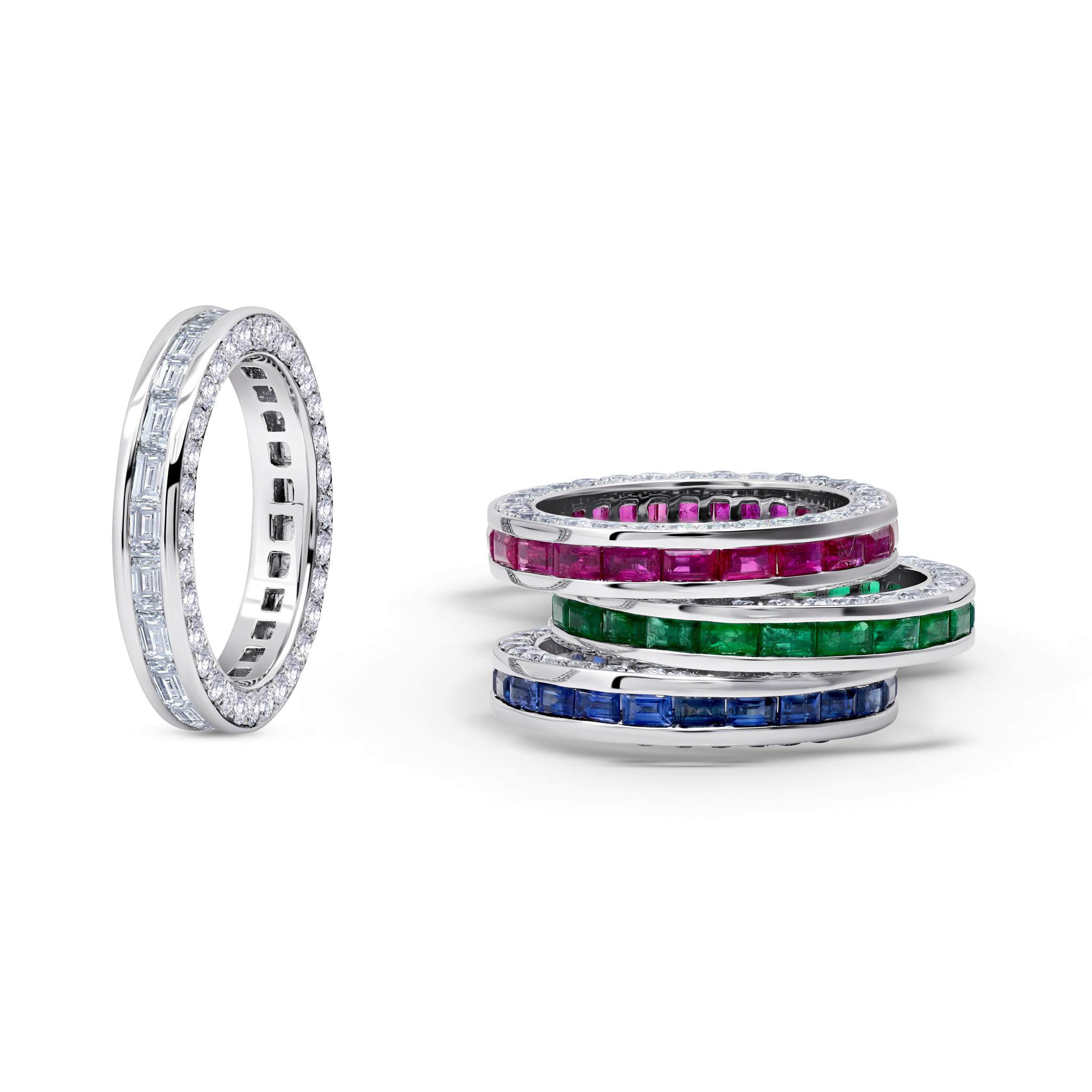 Diamond &amp; Emerald Baguette 3 Sided Ring