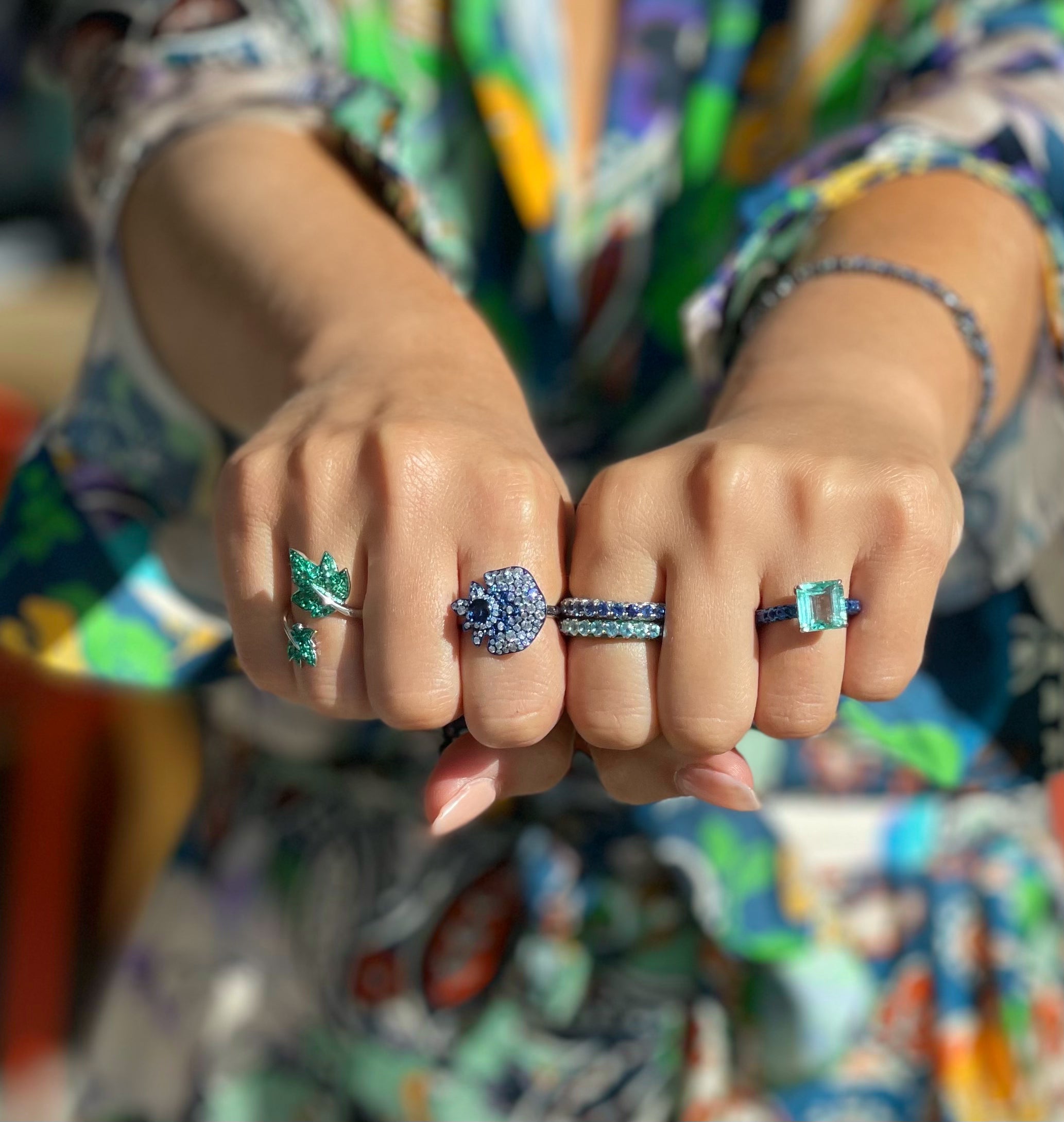 Blue Rhodium, Blue Sapphire &amp; Diamond Folha Ring