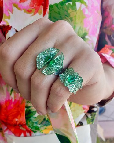 Emerald &amp; Diamond Open Green Rhodium Ring