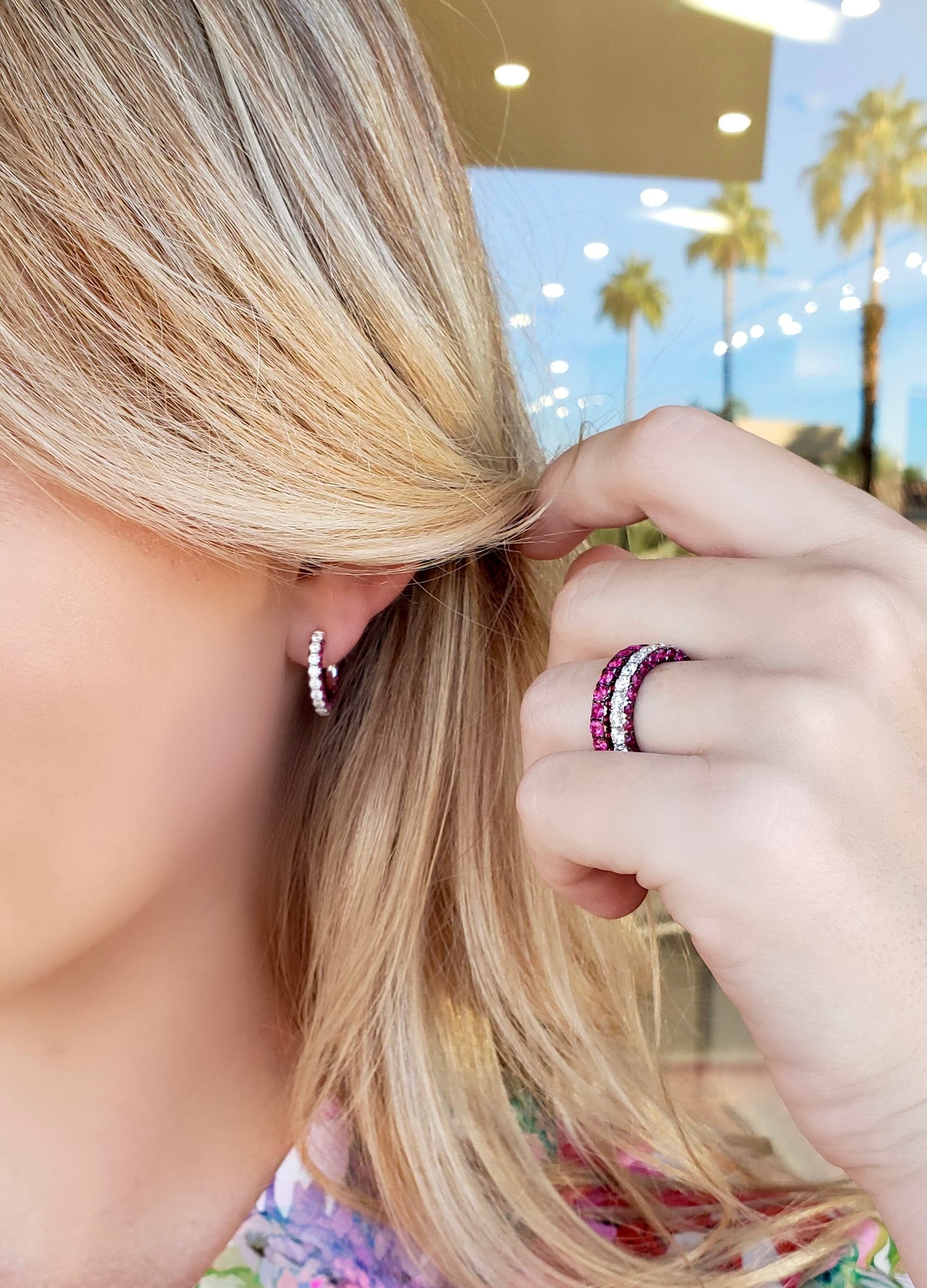 Multi Color Sapphire and Diamond 3 Sided Hoop Earrings